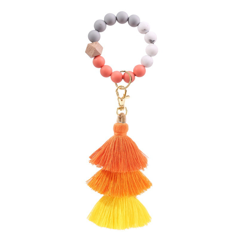 Wholesale Three Layer Cotton Tassel Silicone Bead Bracelet Keychain